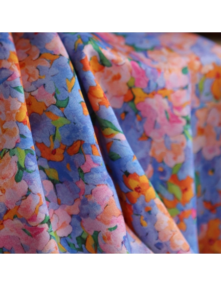 Cécile - Viscose satinée imprimé fleuri parme