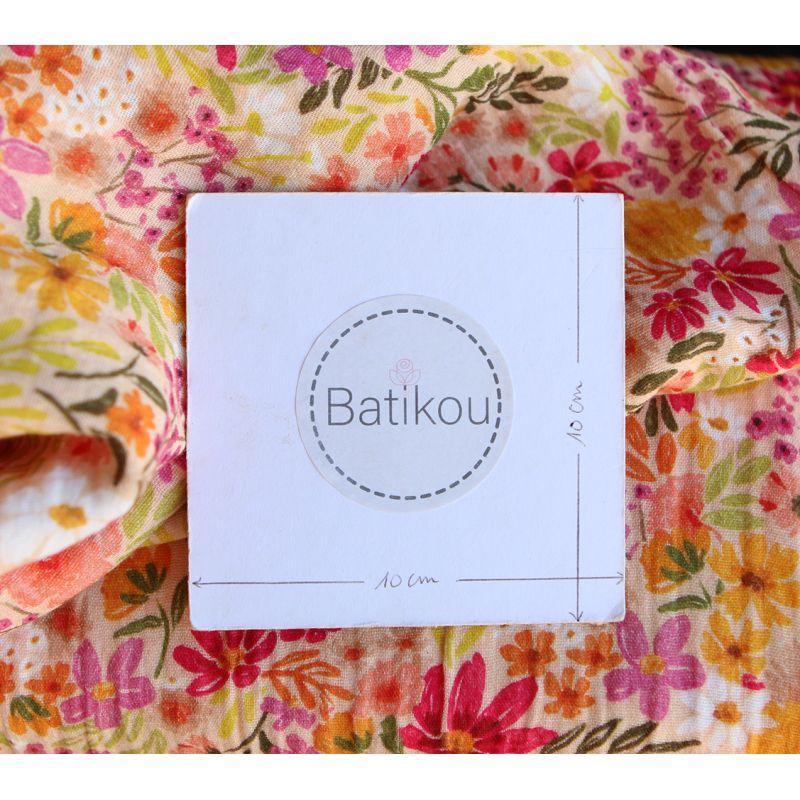 Irina - Double gaze de coton motif fleuri corail fruité