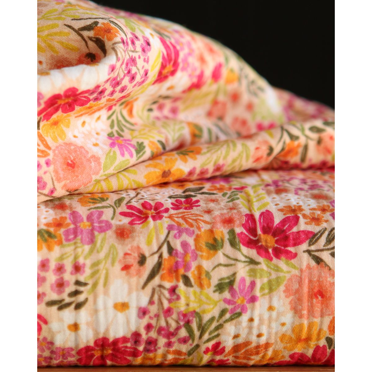 Irina - Double gaze de coton motif fleuri corail fruité