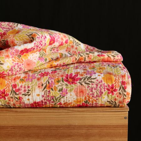 Irina - Double gaze de coton motif fleuri corail fruité