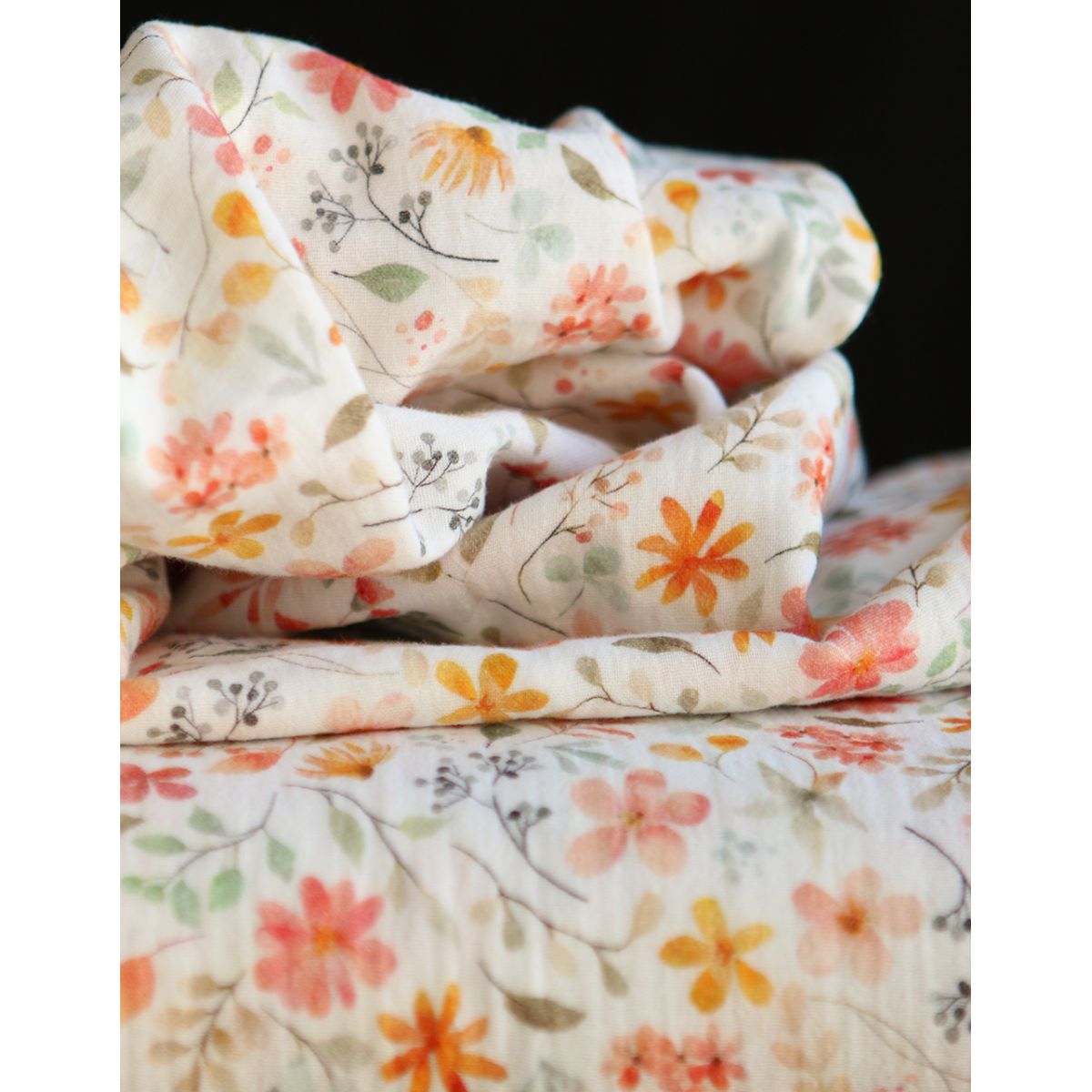 Azélie - Double gaze de coton motif fleuri corail et vert