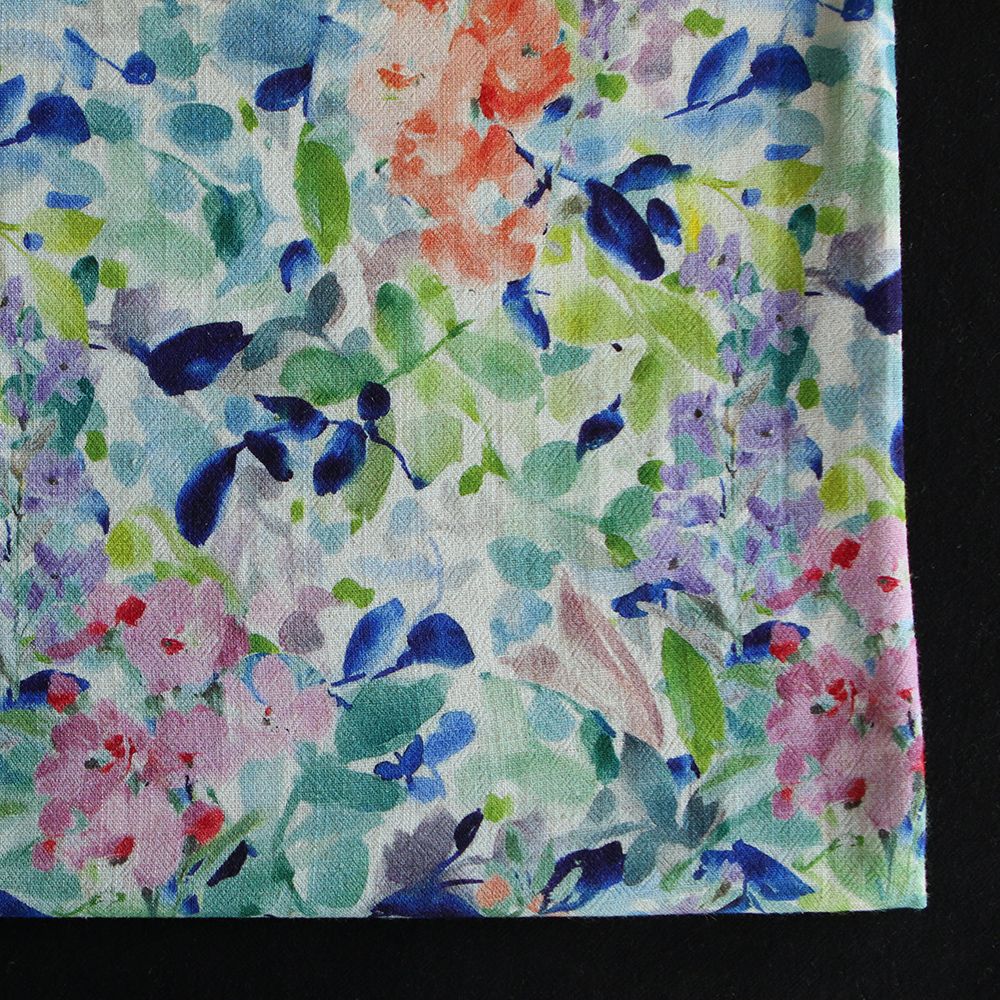 Crêpe lin et viscose imprimé fleuri bleu et vert