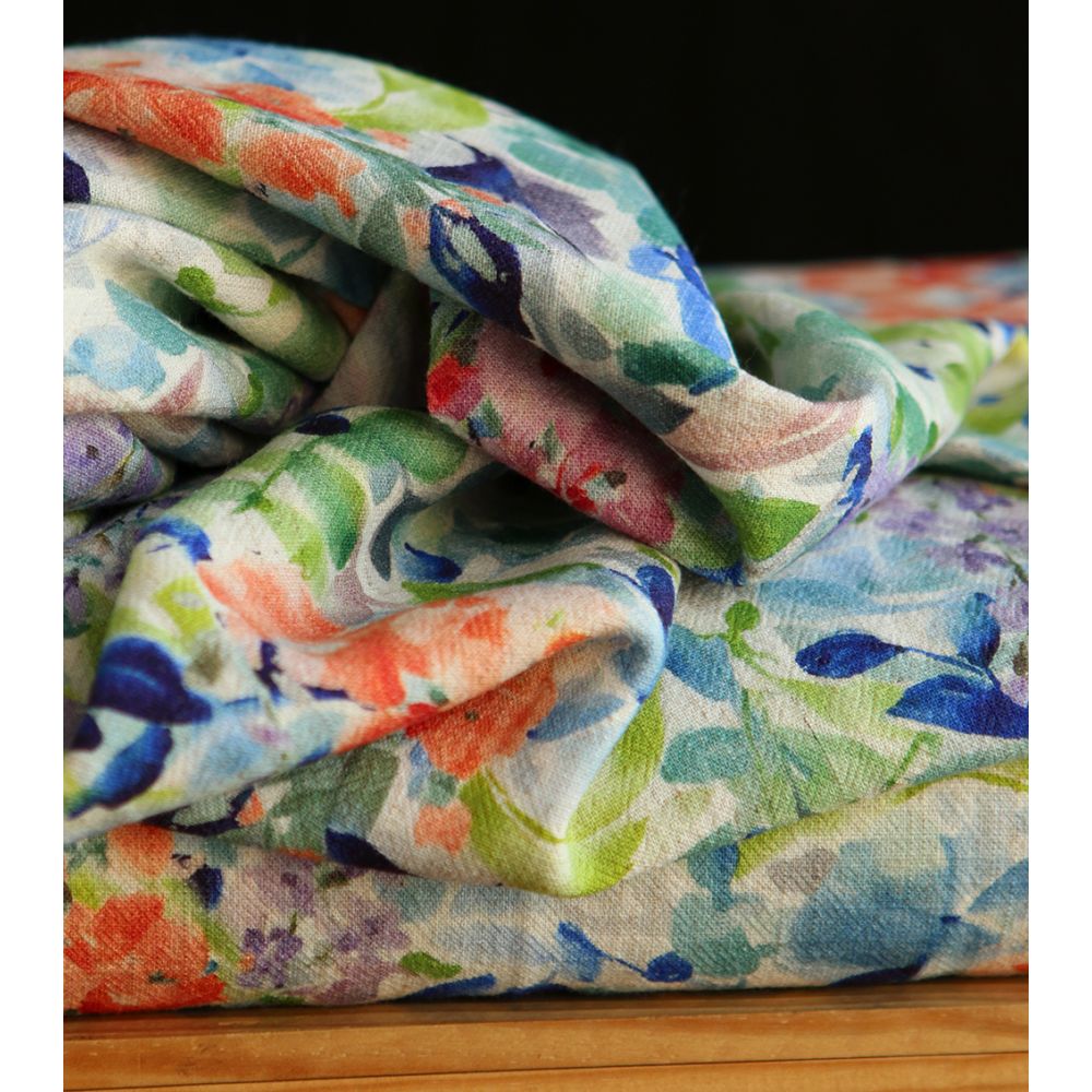 Crêpe lin et viscose imprimé fleuri bleu et vert