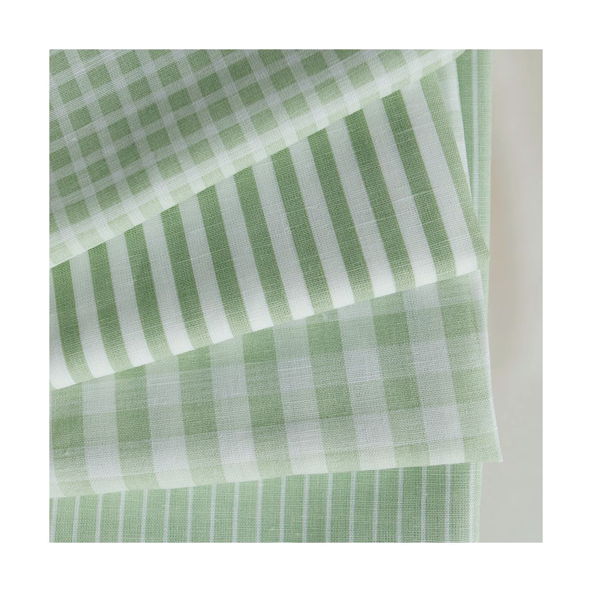 Paul - Tissu lin coton rayures 1mm blanc lait et vert amande