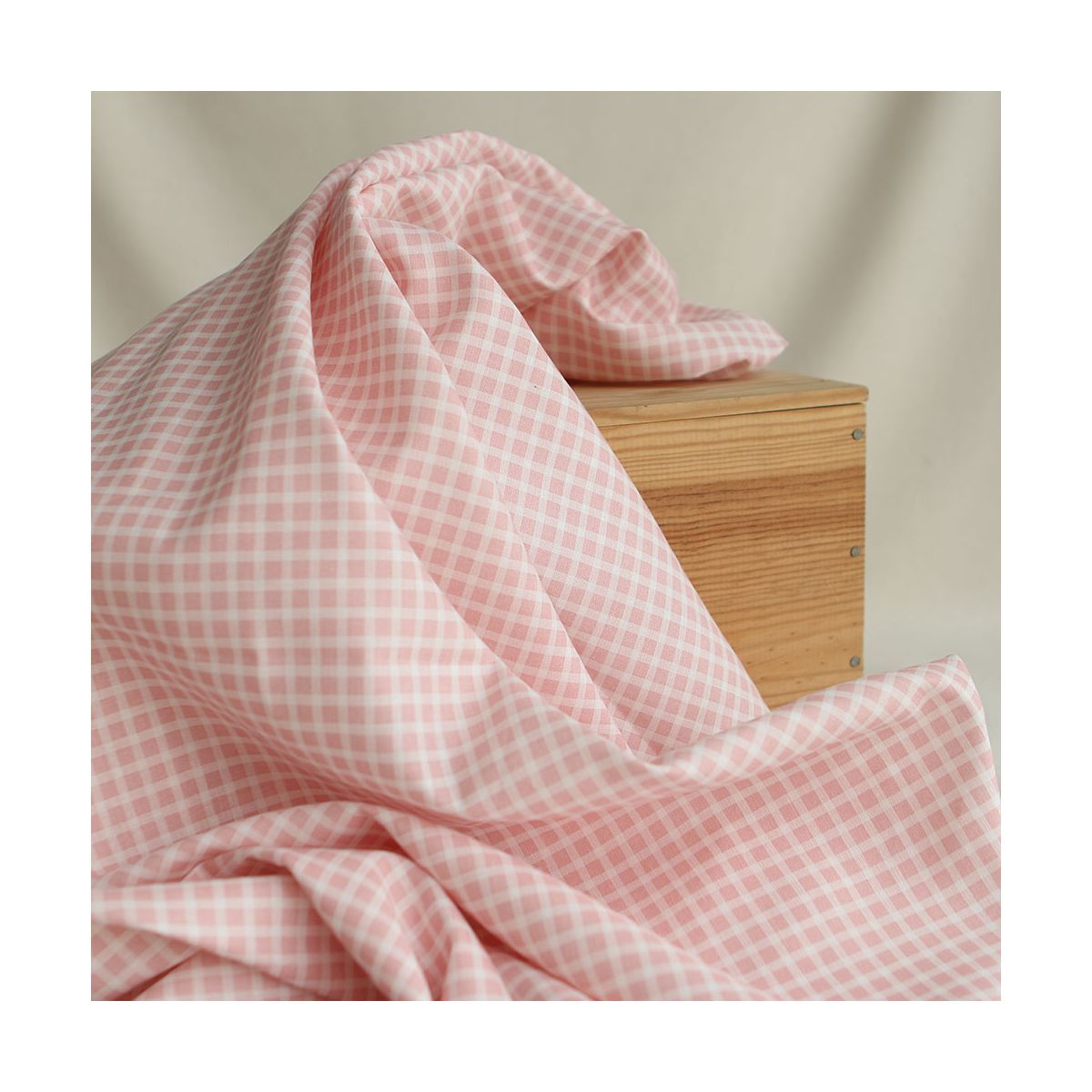 Paul - Tissu lin coton quadrillage 6mm blanc lait et rose blush