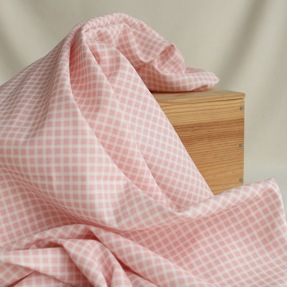 Paul - Tissu lin coton quadrillage 6mm blanc lait et rose blush