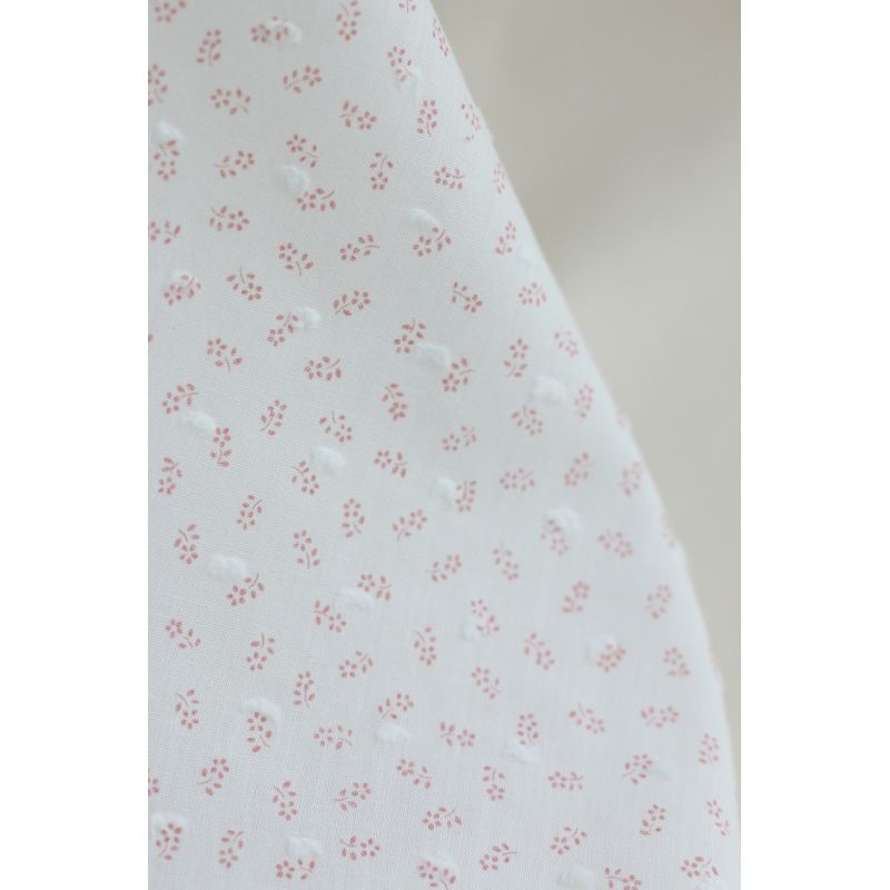 Anaelle - Plumetis de coton blanc imprimé fleuri vieux rose