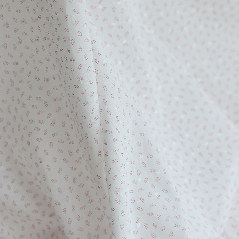 Anaelle - Plumetis de coton blanc imprimé fleuri vieux rose