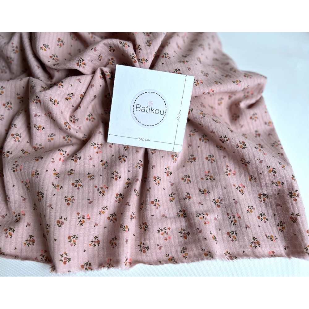 Seersucker / Coton gaufré doux rose thé motif fleuri Batikou - 4