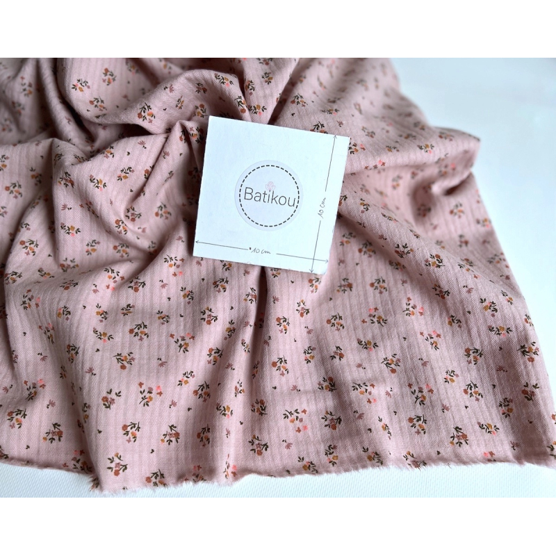 Seersucker / Coton gaufré doux rose thé motif fleuri Batikou - 4