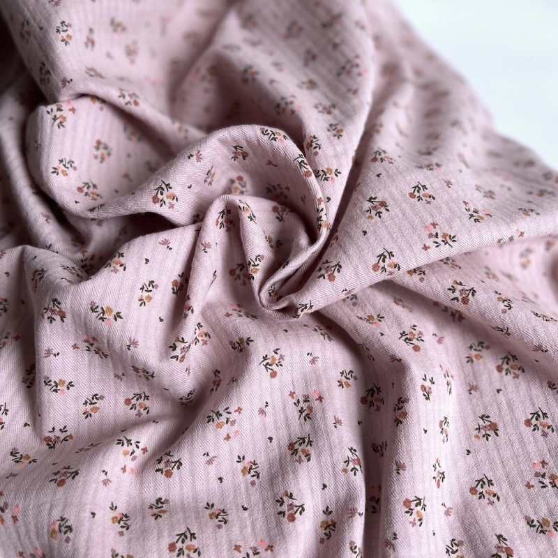 Seersucker / Coton gaufré doux rose thé motif fleuri Batikou - 1