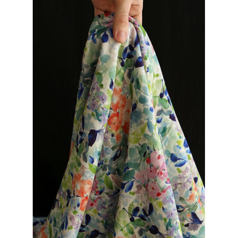 Crêpe lin et viscose imprimé fleuri bleu et vert