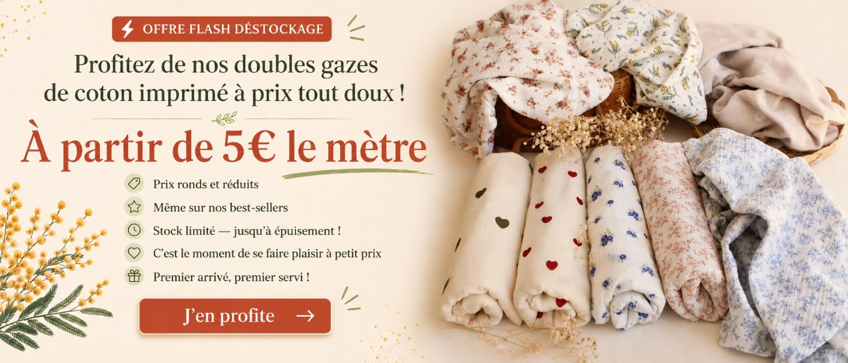 Offre flash déstockage : doubles gazes de coton à partir de 5€ le mètre